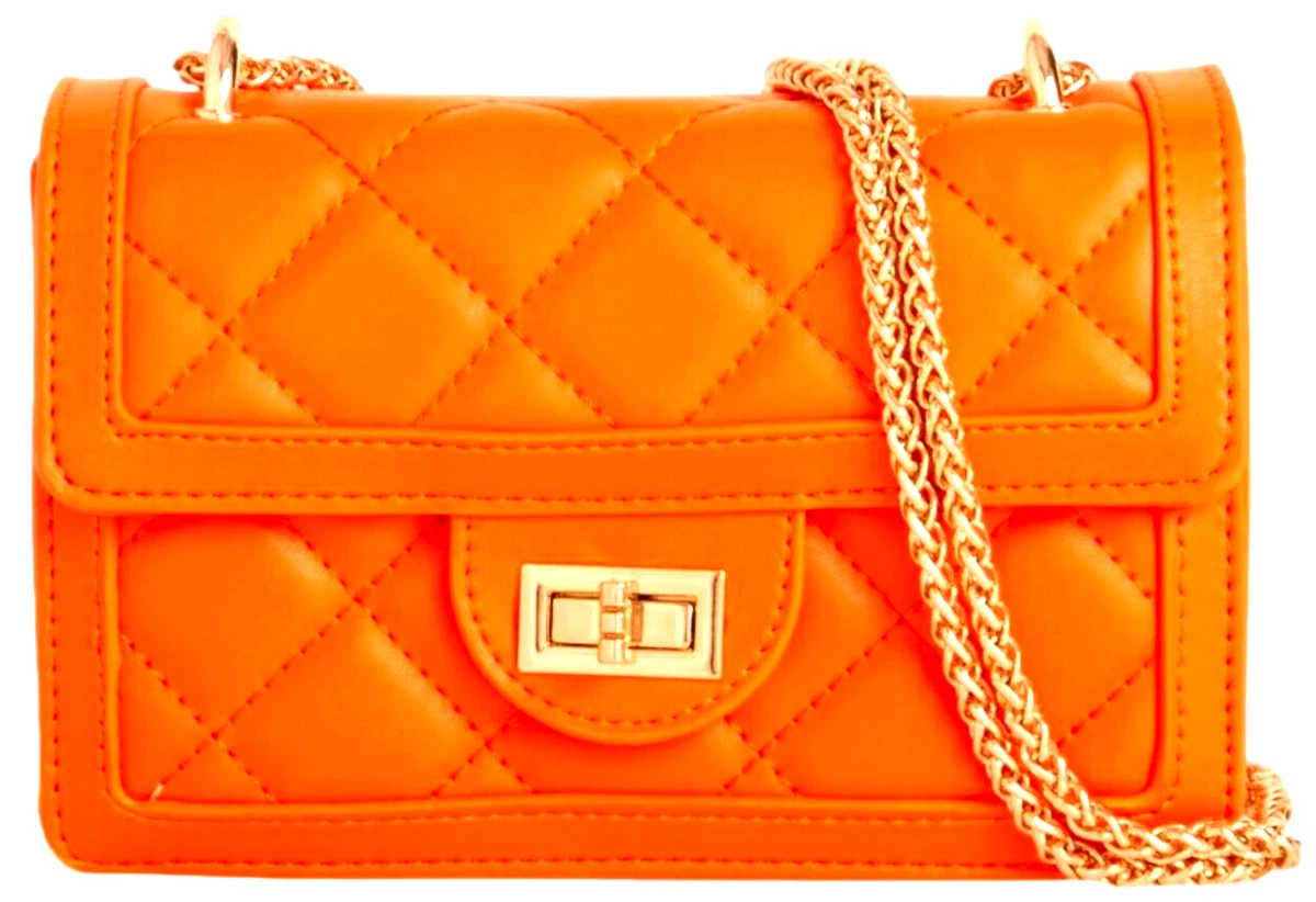 Neon Orange Shoulder Bag Quilted Handbag Small Bag Bright Tangerine Gold Chain