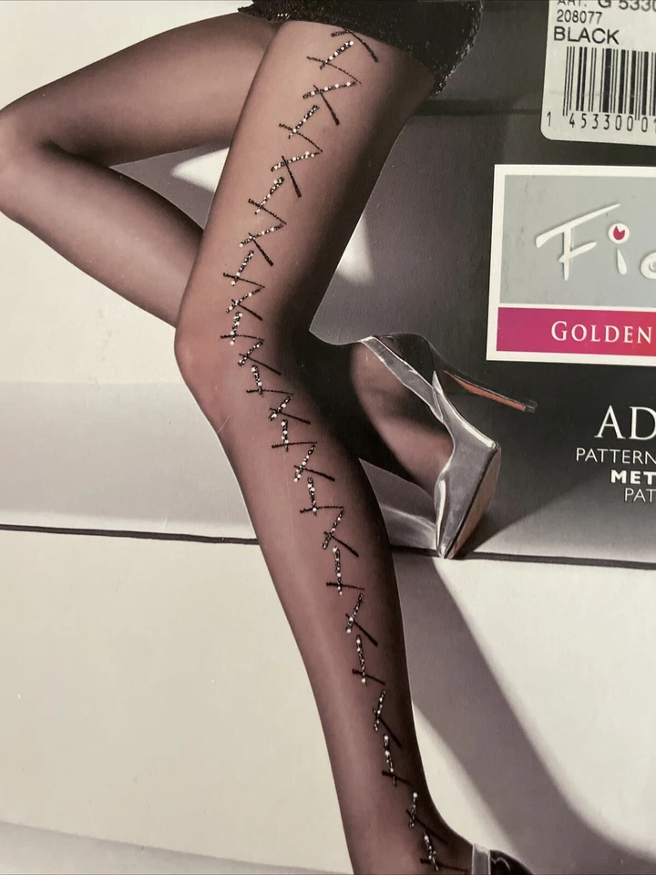 Medias Fiore (Adria) estampadas negras transparentes metálicas 132-143 lb altura 5’2-5’4 Foto 3 de 3