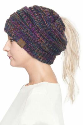 ScarvesMe C.C Multi Tone BeanieTail Ponytail Messy Bun Ribbed Beanie Hat Cap