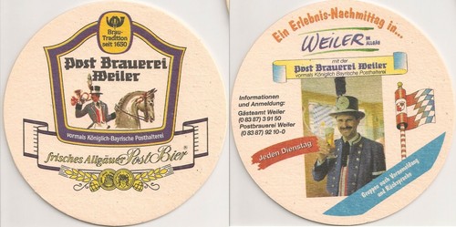 Post Brauerei Weiler - alter Bierdeckel "Erlebnis-Nachmittag"