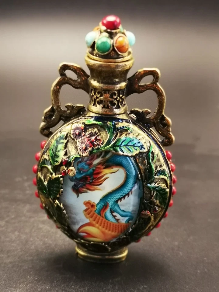 Botella de tabaco perfecta con incrustaciones de cobre turquesa esmalte cloisonne dragones perlas Foto 3 de 4