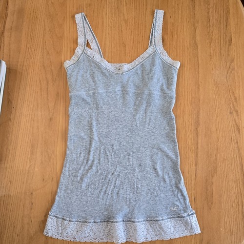 VTG Y2K Grey White Lace Hollister Tank Top Size L Babydoll Ribbed Built In Bra