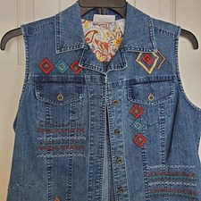 Vtg Alfred Dunner Embroidered Beaded Denim Vest Blue Medium Wash Boho Sz 8