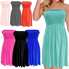 Womens Ladies Strapless Sheering Boob Tube Gather Bandeau Top Summer Mini Dress