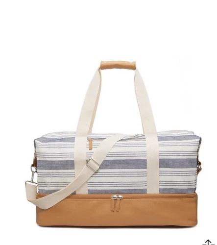 DSW Weekender Tote BLUE & WHITE Stripe Yoga Duffel Zipper Carryall Shoe Bag NEW