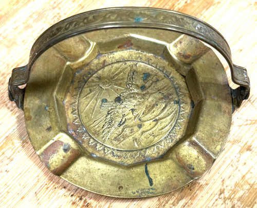 Vintage Brass Ashtray with Swing Handle 3.25"Sunshine,Bird,Water Punched Design