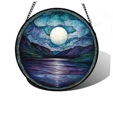 Stained Glass Window Hanging, Blue Night Moon Lake 6.3x6.3 IN Blue and White