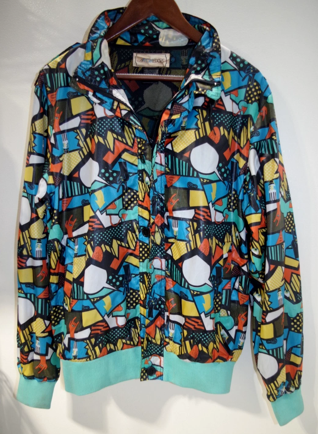 E6 Vintage AKNOWLEDGE Zip Windbreaker Jacket Colorful Bold Print M Fun Hand