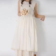 Women Sweet Solid Embroidered Waist Strap Sleeveless Dress Long Skirt A-line