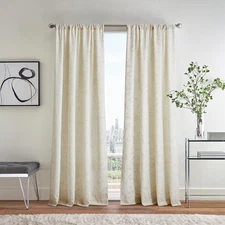 Cream Beige Light Filtering Window Curtains for Living Room – Metallic Leaf D...