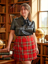 Black glossy satin short sleeved pussybow blouse. 44"/46" bust New 18/20 UK