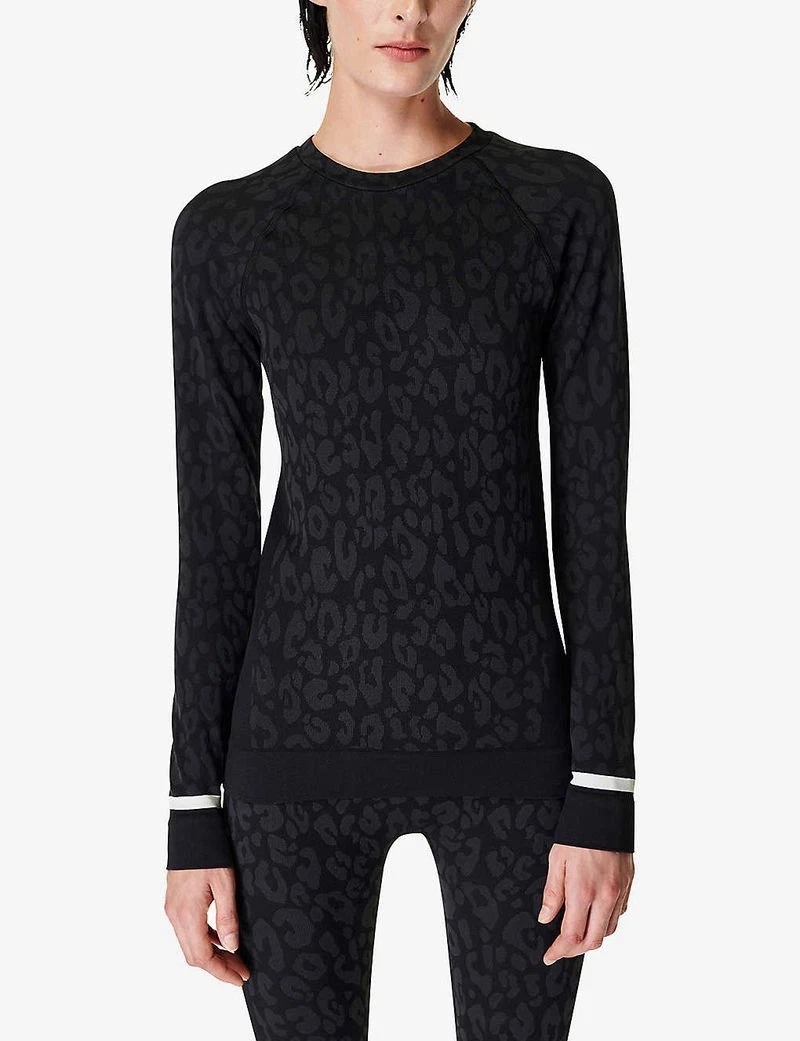SWEATY BETTY Black Leopard Print Base Layer Top Jacquard Stretch Women’s Sz M