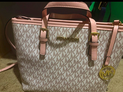 Michael Kors Medium Satchel Beige Logo Pink Handles Gold Hardware Zip Strap