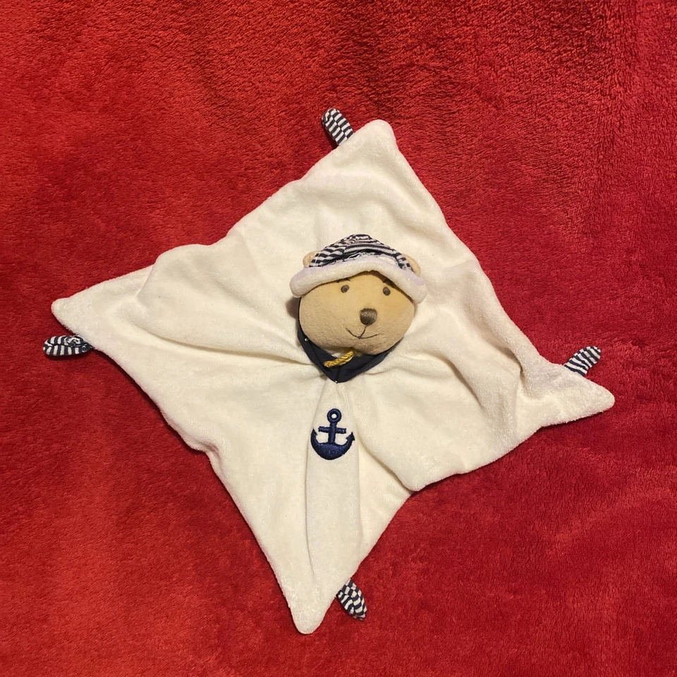 🇫🇷 Doudou et Compagnie Ours Bonnet Marin Carré Ecru Ancre Bleu TBE - Photo 4/4