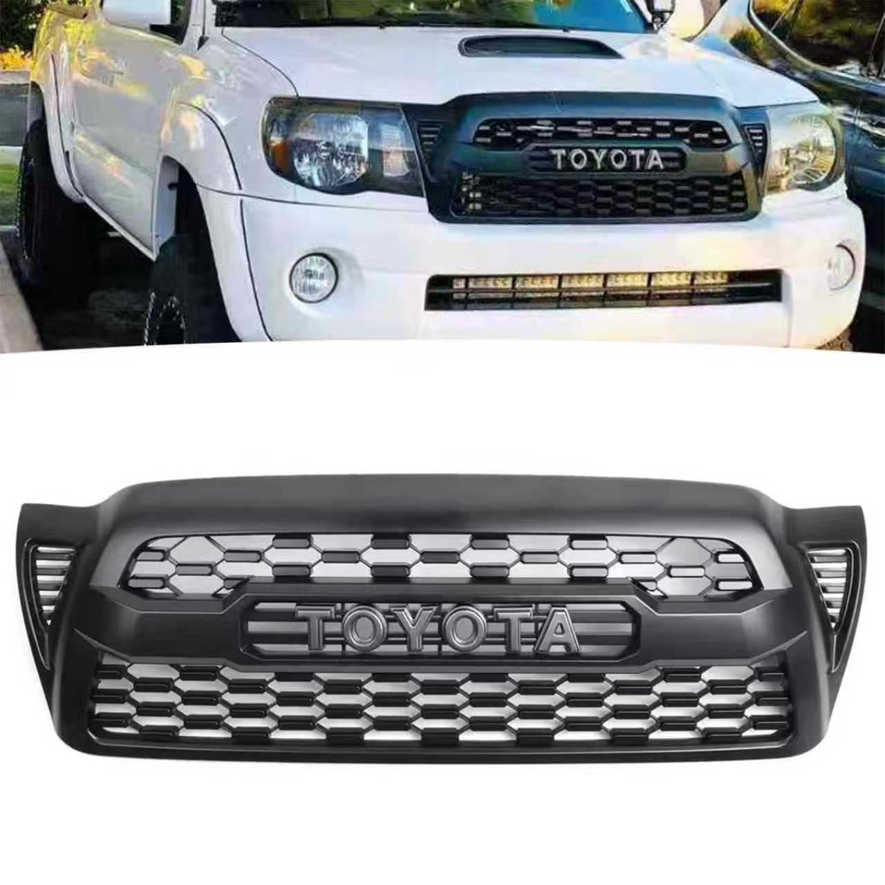 Front Bumper Upper Grille Mesh Grill For 2005-2011 Toyota Tacoma Matte Black ABS