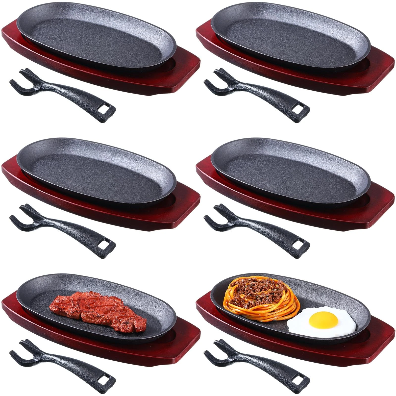 Mifoci 6 Pcs Oval Cast Iron Fajita Skillet Pan Set Small Sizzling Steak Plate...