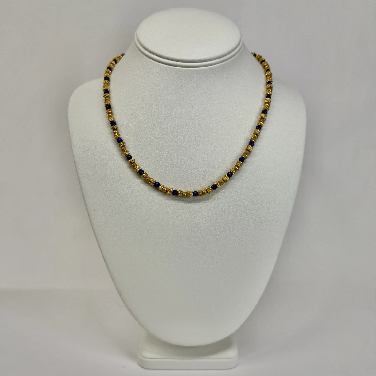 MMA Lapis Barrel Bead Museum of Arts Gold Tone Vintage Necklace Jewelry N329