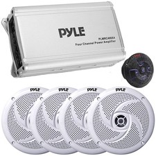 Pyle PLMRC400X4 800W Marine Amp  4x 8" 300W Speakers White , Wireless Remote