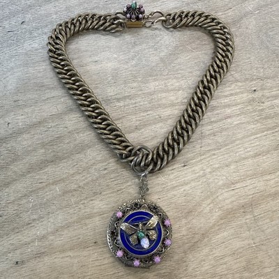 VINTAGE BRASS & ENAMEL GLASS OPAL LOCKET BUTTERFLY PENDANT NECKLACE ANTIQUE!!!  