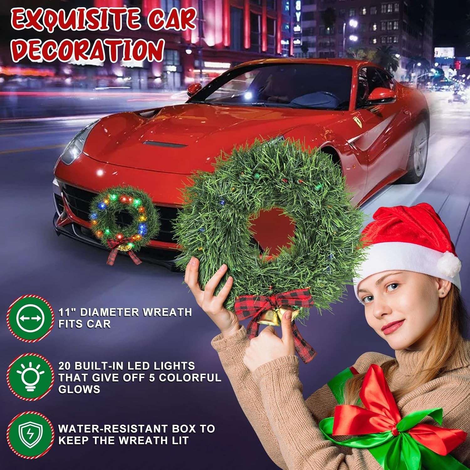 Moveland 11" LED Christmas Car Wreath – 5-Color Light Holiday Auto Decor