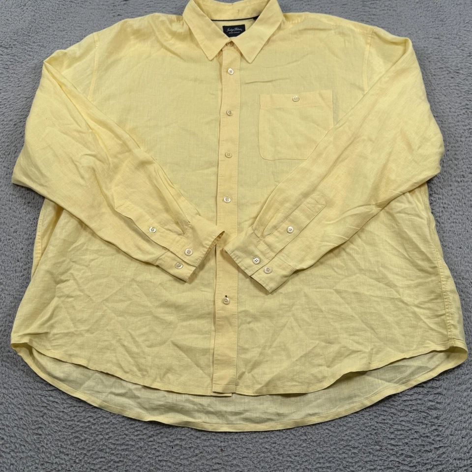 Indigo Palms Linen Shirt Mens 2XL Yellow Button Up Long Sleeve Pocket Casual - Image 2 of 4