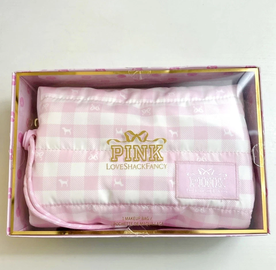 VICTORIA'S SECRET PINK x LoveShackFancy ICON GINGHAM Makeup Bag Quilted HTF NEW - Image 2 of 4