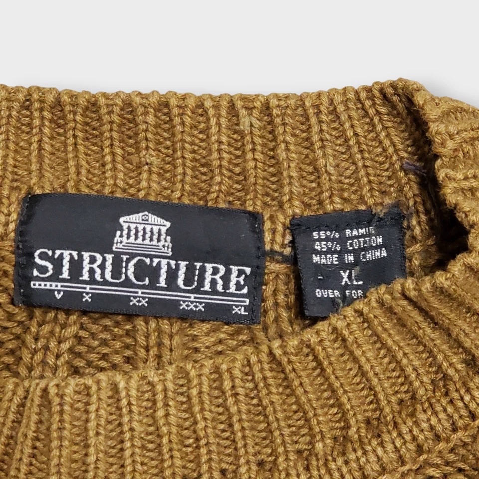 Vtg Structure Cable Knit Crewneck Sweater Toffee Brown Sz XL Fisherman 90s Cosby - Image 4 of 4