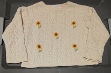 Cable Knit Girls Sweater By Zara Size 4Y In Cream With Embroidered Sunflowers