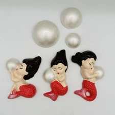 Mermaid BABIES Chalkware Kitsch Wall Plaque Kitschy VTG Style Bubbles