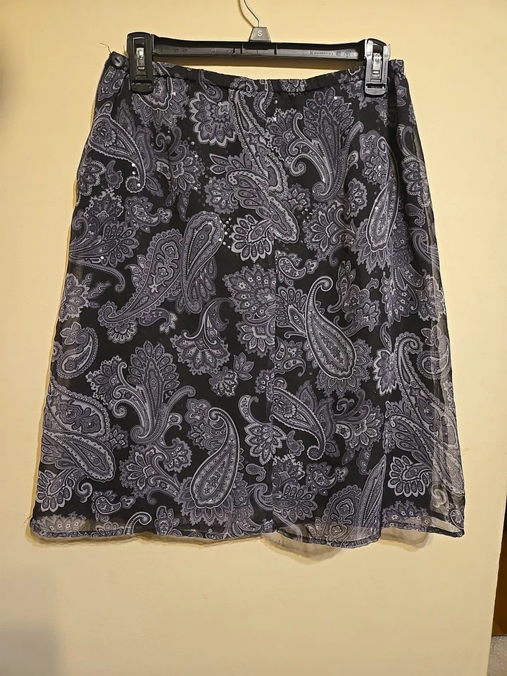 Falda Villager negra con estampado de cachemira línea A para mujer 10P poliéster hasta la rodilla Foto 3 de 4