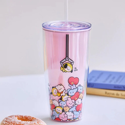 BT21 Double Wall Plastic Tumbler with Straw (720mL 24oz) - Pink Claw Machine Ver