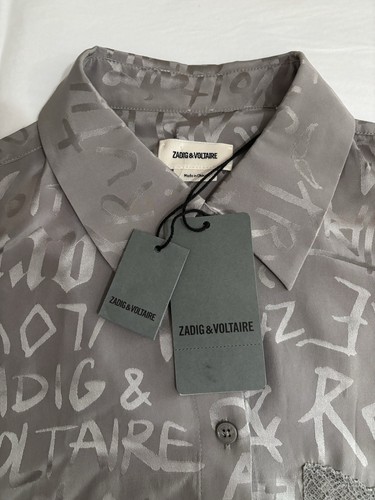 Zadig & Voltaire M/L Morning Jacquard Manifesto Blouse Grey Silk Logo Top $548 - Picture 7 of 10