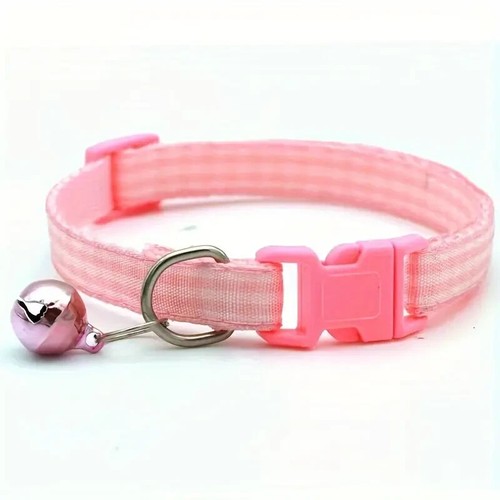 Plaid Colorful Pet Collar Cat Dog Adjustable W/Bell & Safety Buckle Light Pink - 第 1/3 張圖片
