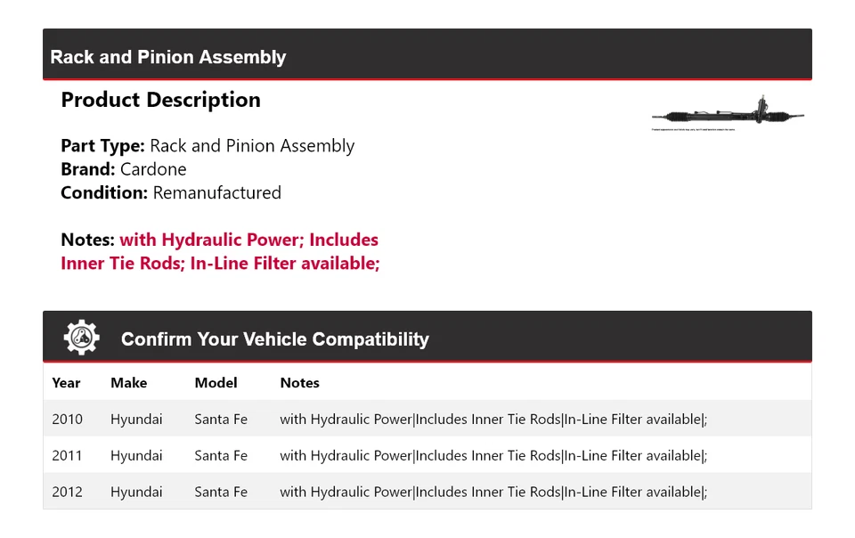 Conjunto de piñón y cremallera Cardone 2011 para Hyundai Santa Fe 2010-2012 Foto 2 de 4