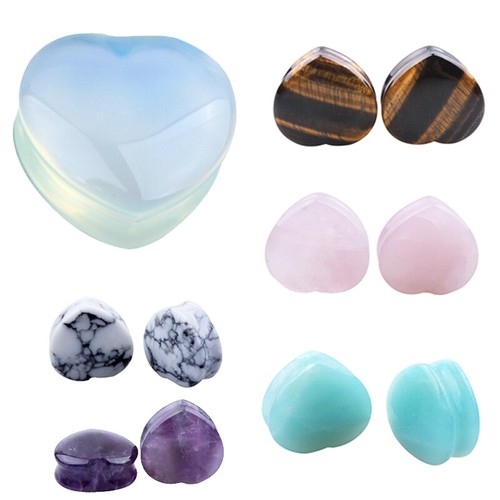 1 Pair Precious Stone Ear Plug Gauge Love Heart Double Flare Saddle Flesh Tunnel - Picture 2 of 11