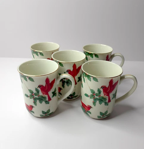 Set of 5 Vintage Lefton Christmas Cardinal & Holly Mug Cups Japan 1993