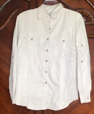 Modern Essentials Women Size Medium Top Button Front Collared Beige Long Sleeve