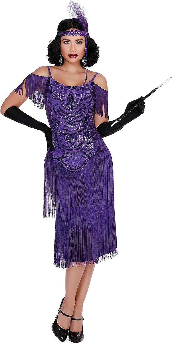 purple flapper dress Charades Sequin Roaring 20s Dress, Women's, Size: Large With its medium length Long Purple 1920s Flapper Dress