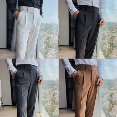 Men Retro High Waist Suit Pants Straight Trousers Buckle Pants Slim Pant