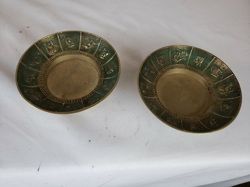 Nice pair of vintage bronze Zodiak-themed bowls, Korea, 4", ca. 1970s