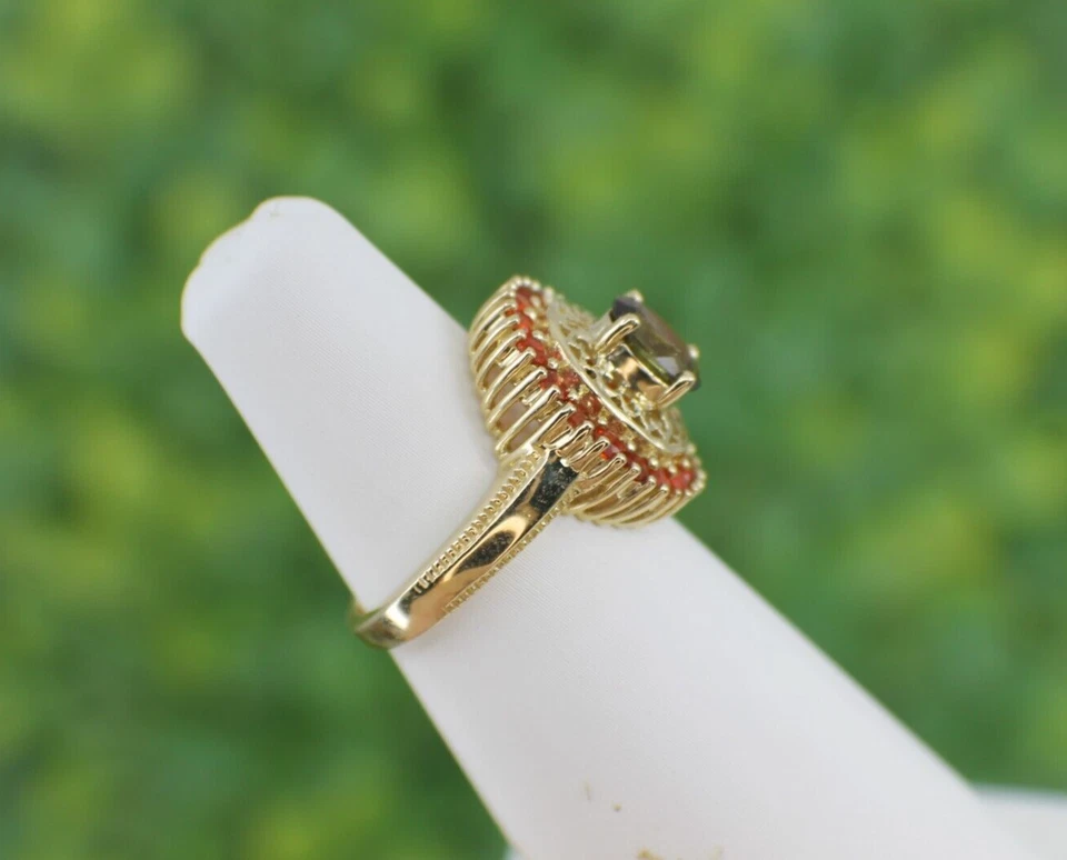 Anillo de oro amarillo sólido de 14K con halo de ópalo de fuego andaluz y naranja talla 6 Foto 4 de 4