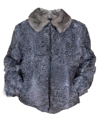 Gray Real Persian Lamb Fur Astrakhan Fur Bomber Style Real Mink Fur Collar Coat