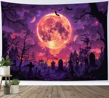 Scary Black Bat Creepy Cemetery Halloween Tapestry for Bedroom Living Room Dorm