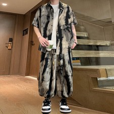 Men Summer Outfit 2-Piece Set Short Sleeve Shirt and Pants Sweatsuit Set