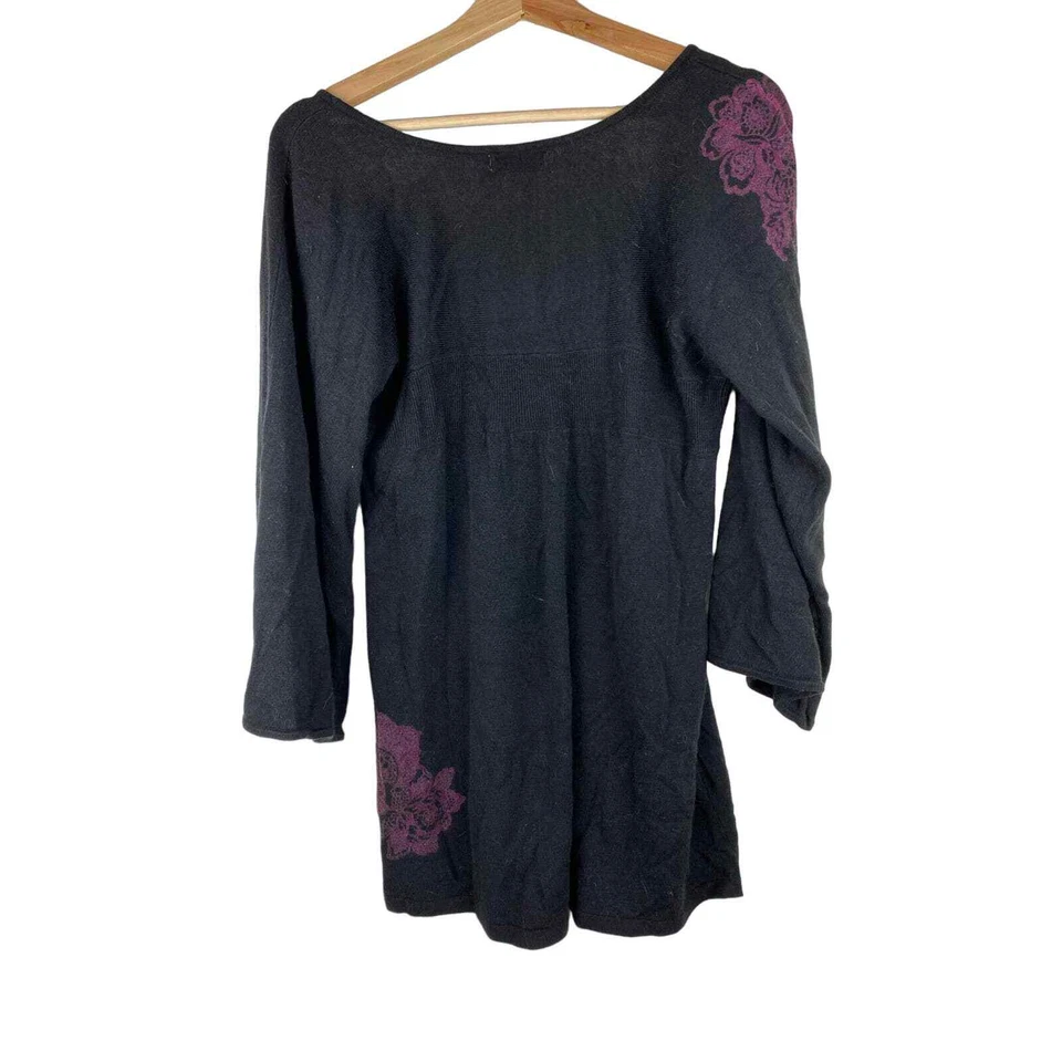 Top túnica One World para mujer talla L negro púrpura floral tejido con lentejuelas cuello cuadrado Foto 4 de 4