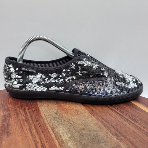 Keds Alice + Olivia Schuhe Damen 7,5 schwarz silber Pailletten Slipper niedrige Turnschuhe