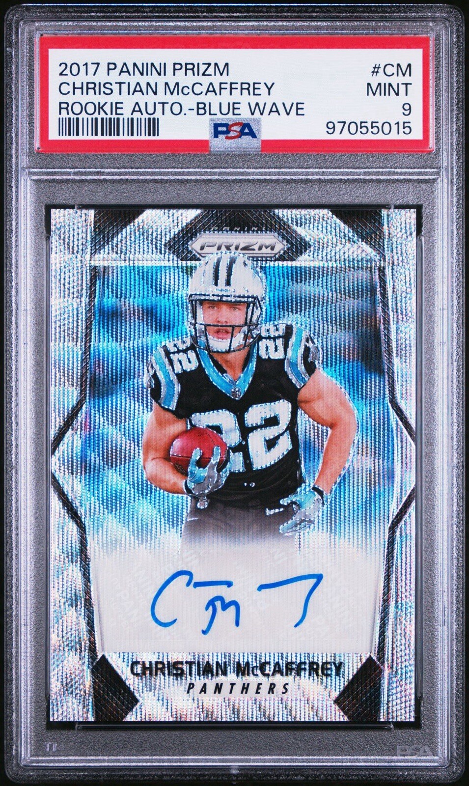2017 Prizm Christian McCaffrey Rookie Auto Blue Wave Prizm 3/149 PSA 9