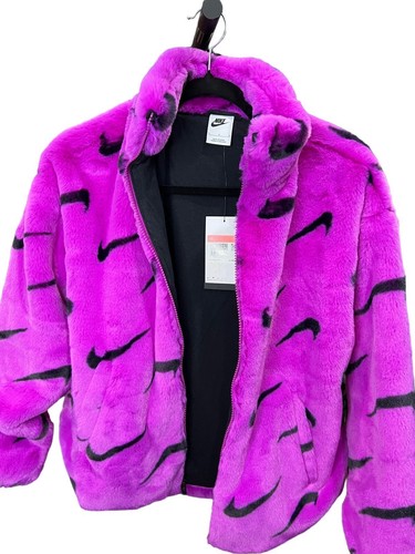 NWT Nike furry electric purple fuzzy Teddy Coat black Swoosh contrast Kids Large - Picture 2 of 6