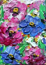 original oil painting from artist studio, Zinnia Colorful Flowers Garden, signed