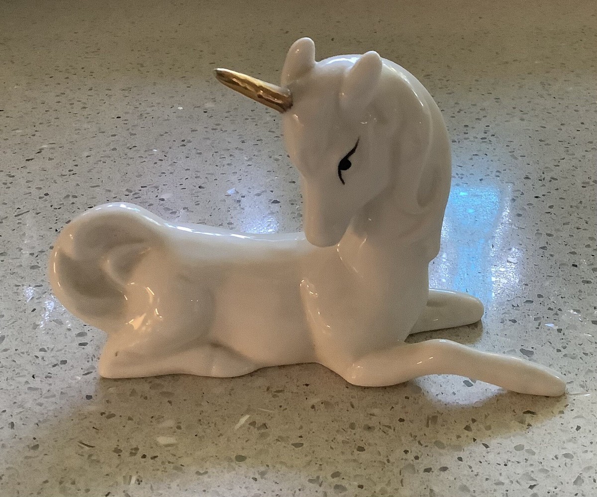 1984 ENESCO White Ceramic UNICORN Figurine, Laying Down, Gold Horn